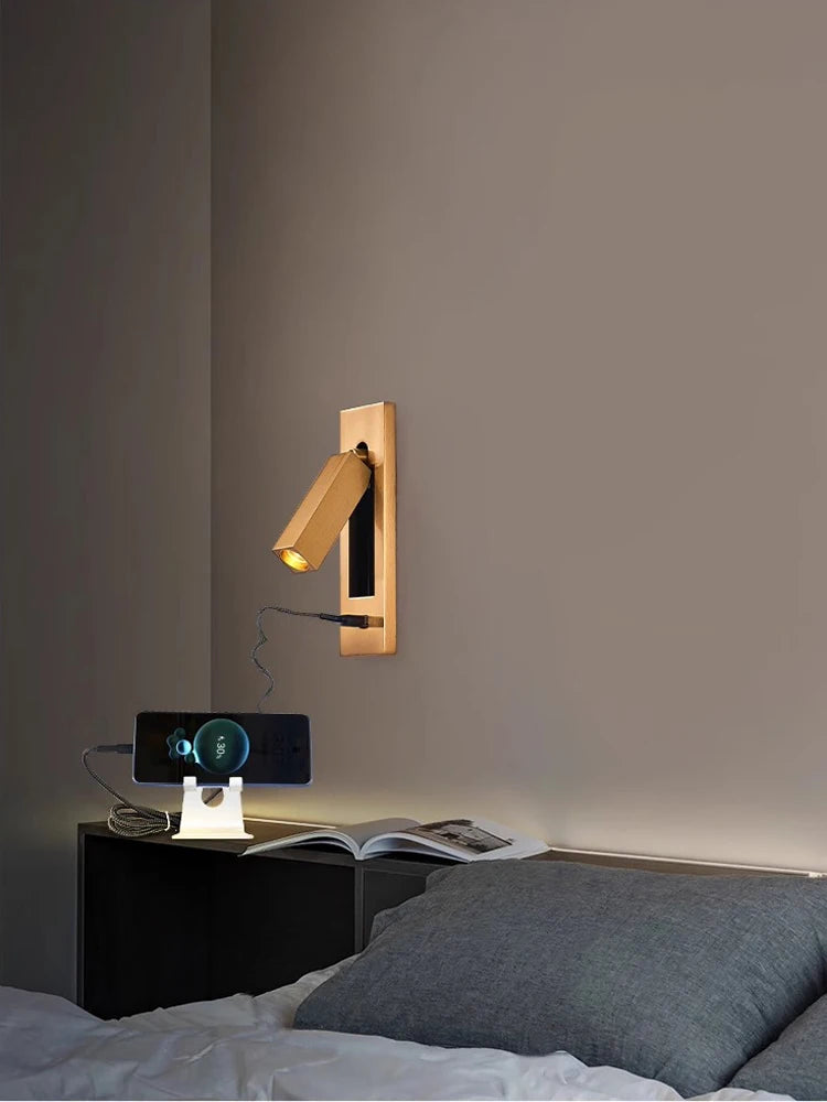 Black Brass Rectangular LED Wall Lamp Wall Sconce Wall Spotlight Reading Light with Switch and USB Port, Rotatable For Bedroom - vue 3 sur 22