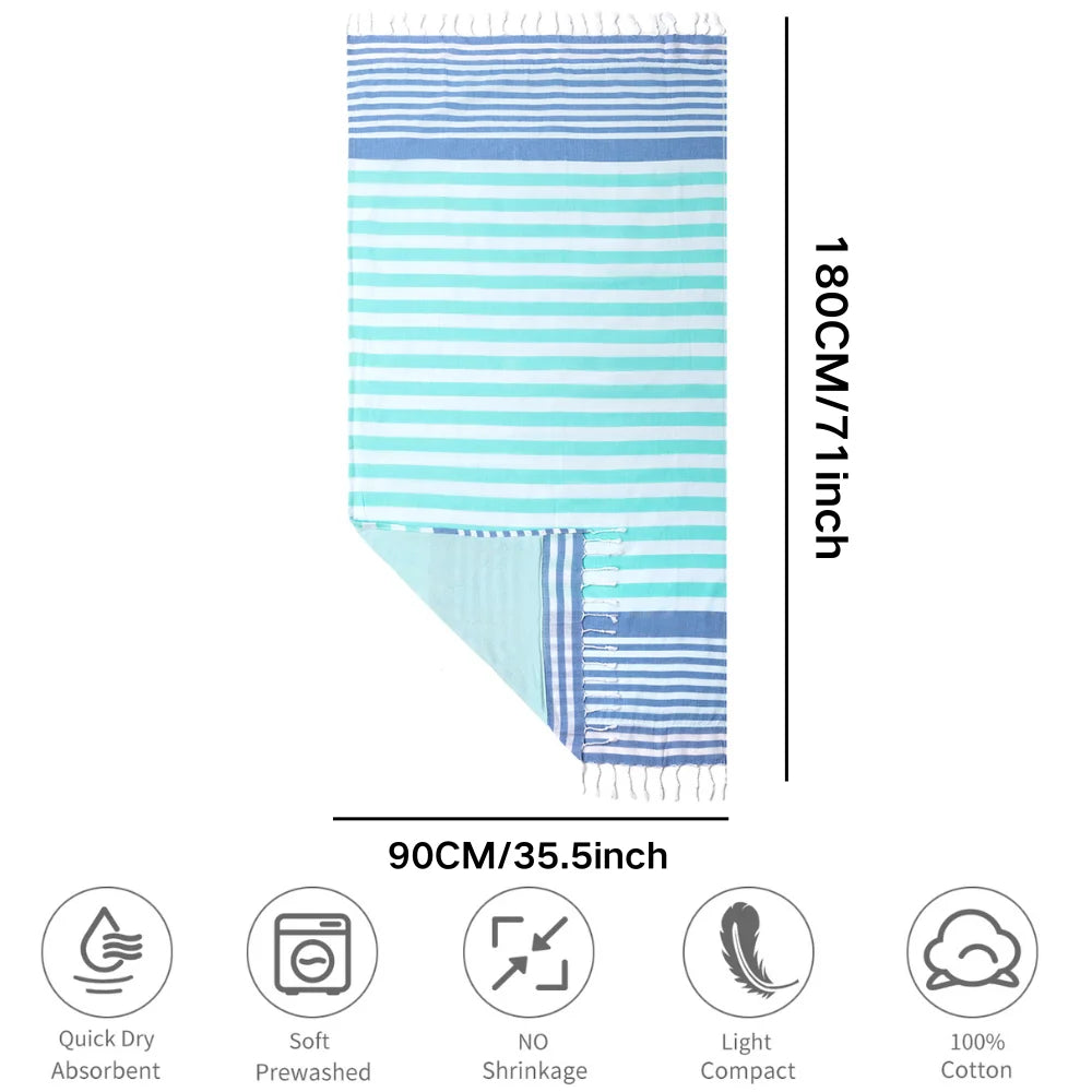 Turkish cotton beach towel with stripes and tassels, lightweight - vue 3 sur 7