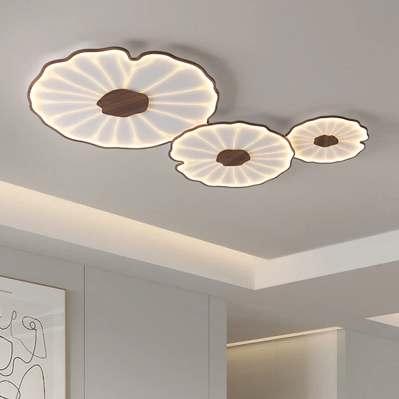 Modern wood grain ceiling light for living room, bedroom, study, children's nursery, lotus leaf design metal LED chandelier
