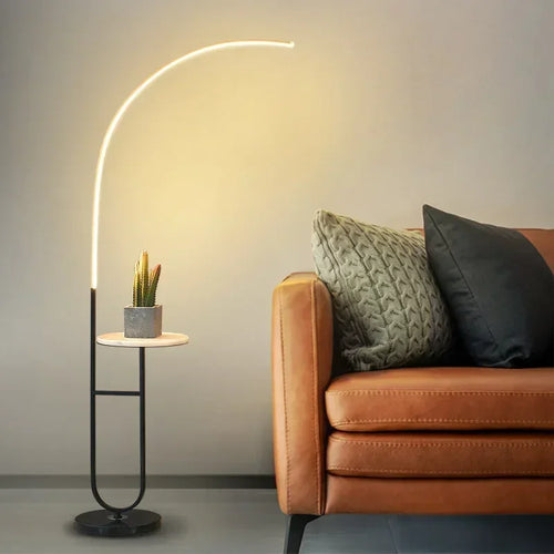 LED floor lamp with minimalist design and storage for reading and relaxation