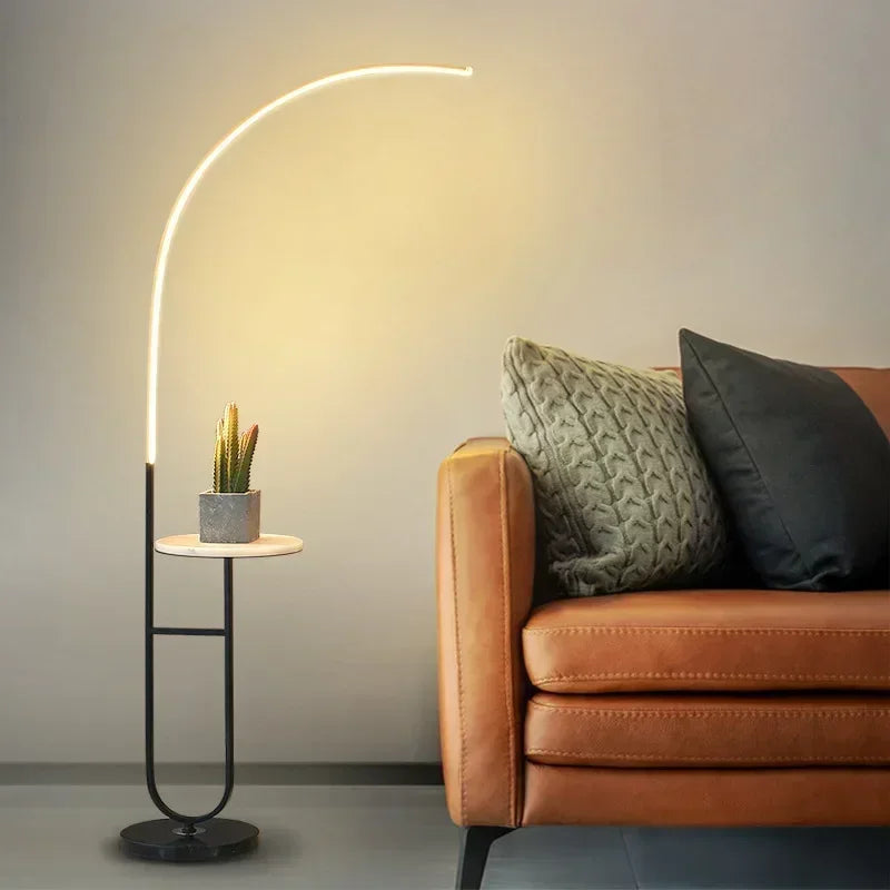 LED floor lamp with minimalist design and storage for reading and relaxation
