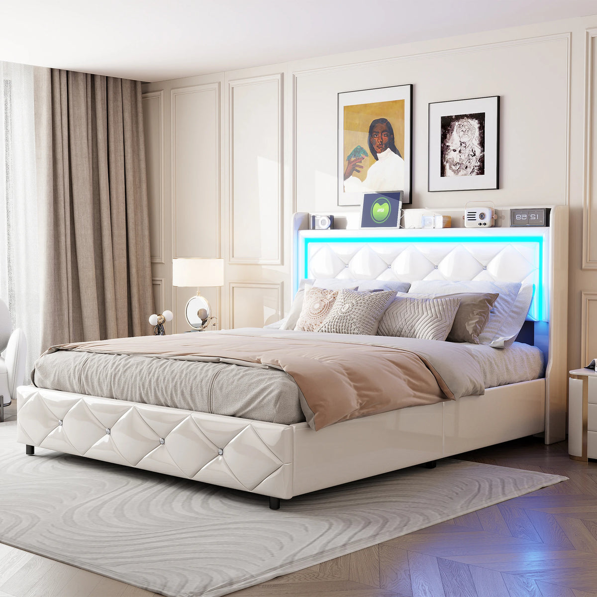 Upholstered Bed with LED Light, Charging Function, Air Pressure Metal Frame and Wooden Slatted Frame, PU, ​​Without Mattress - vue 4 sur 6