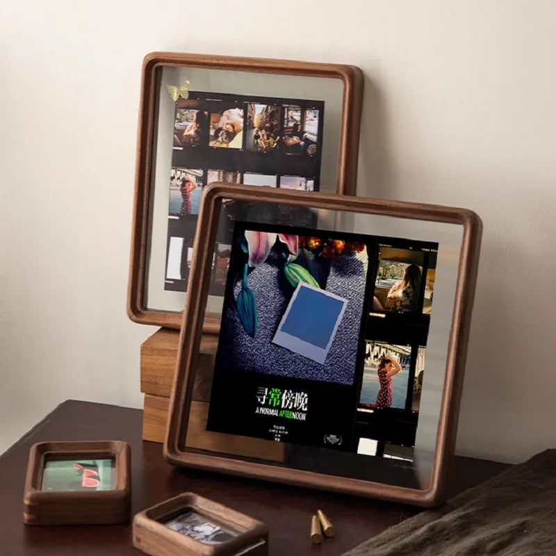 Double-sided wood and glass photo frame for interior decor