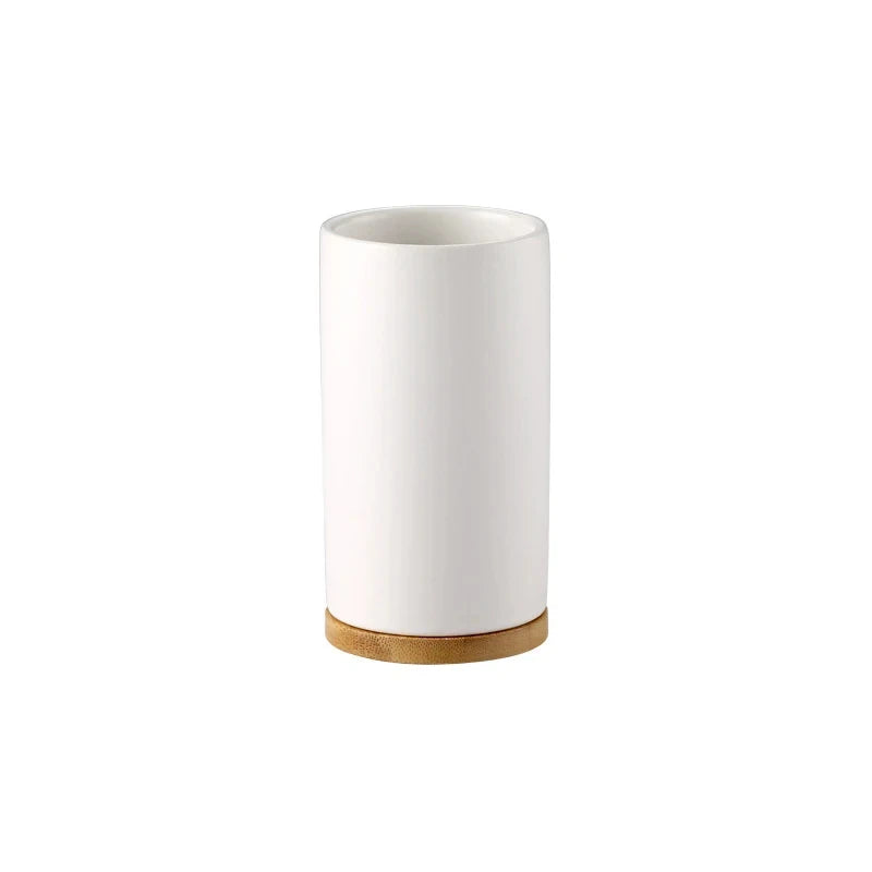 Nordic style ceramic toothbrush holder with wooden base - vue 19 sur 22