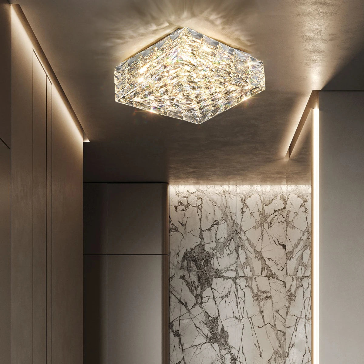 Modern square ceiling light in stainless steel and crystal