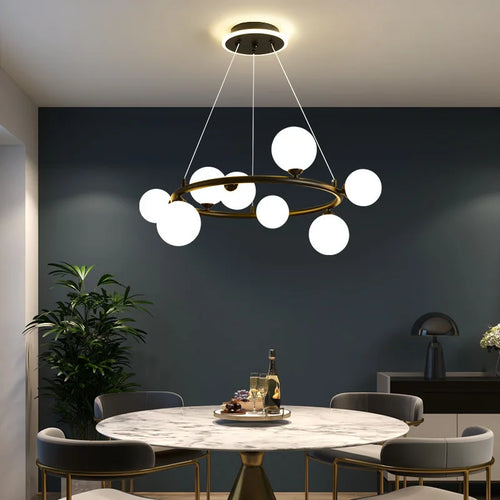 Modern matt glass chandelier with black ring and adjustable cable - vue 4 sur 14