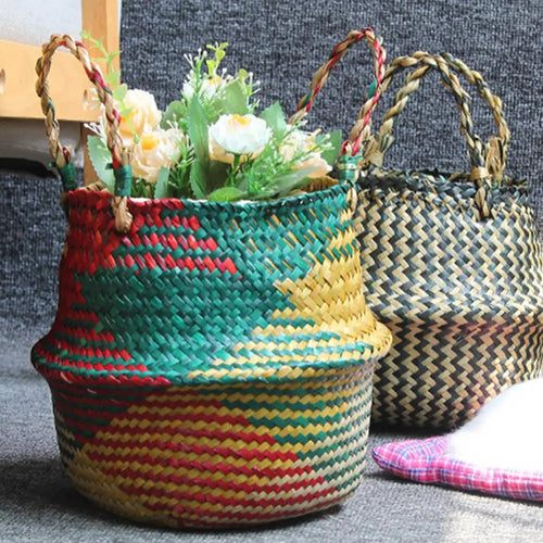 straw storage basket with foldable handle for gardening - vue 4 sur 8