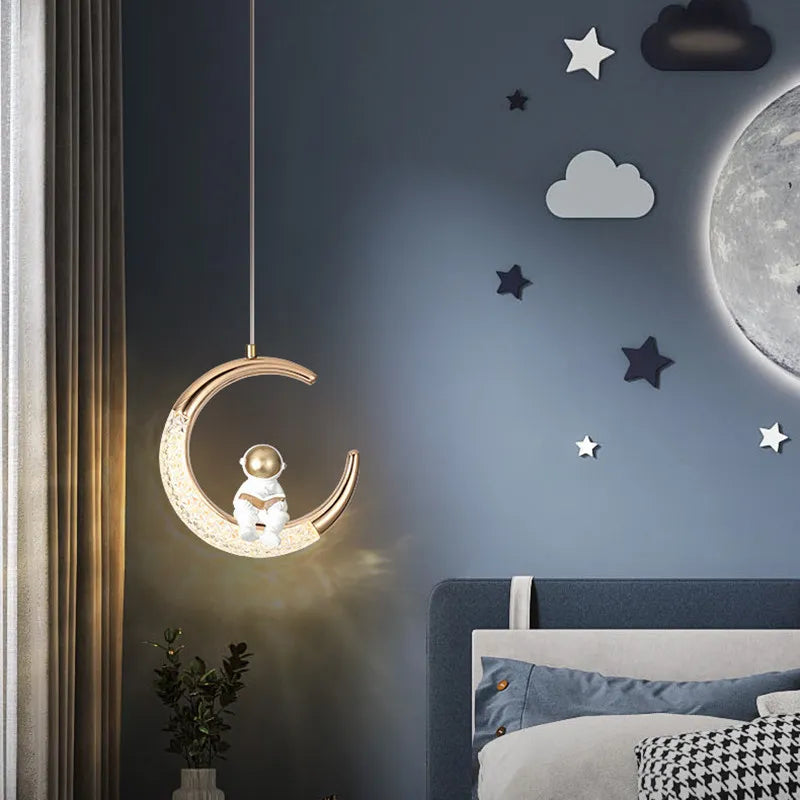 Children's bedroom modern minimalist bedside chandelier moon astronaut pendant light