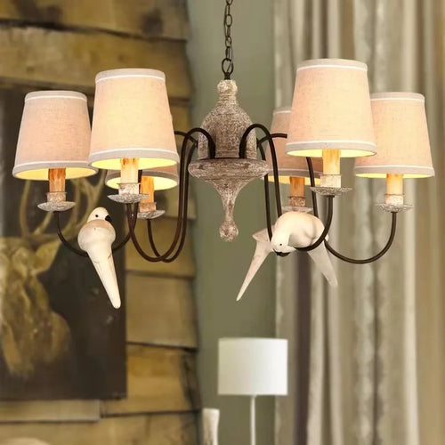 Vintage American wooden chandelier with fabric birds - vue 4 sur 6