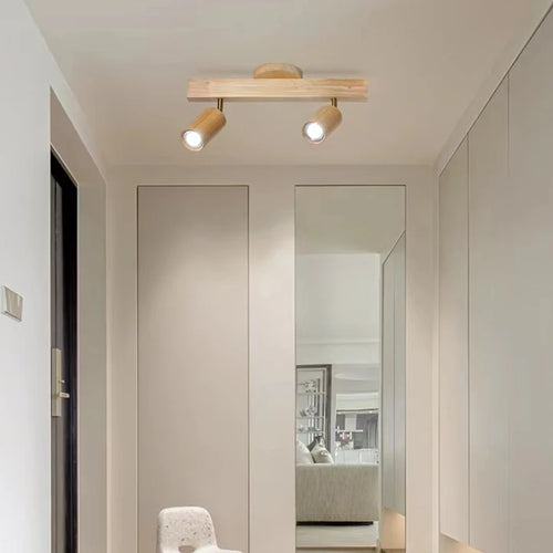 Modern wooden LED ceiling light with track spotlight - vue 3 sur 10
