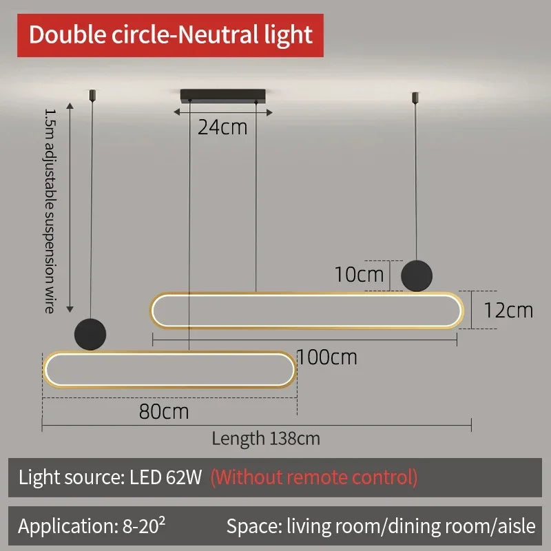 Nordic minimalist double ring LED pendant light for interiors - vue 12 sur 16