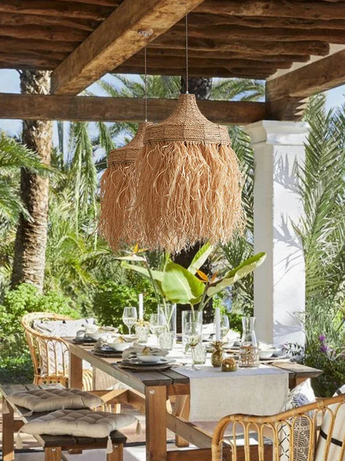 Handwoven rattan pendant light in natural wabi sabi style - vue 6 sur 9