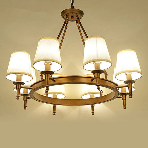 Classic American wrought iron chandelier with fabric lampshade - vue 4 sur 19