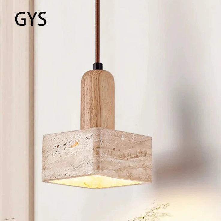 Square stone LED pendant lamp, cream wood retro bedside chandelier, E27 bulb for bedroom, living room or bar