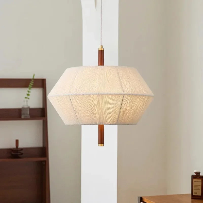 Retro chandelier in solid wood and woven fabric, modern indoor lighting