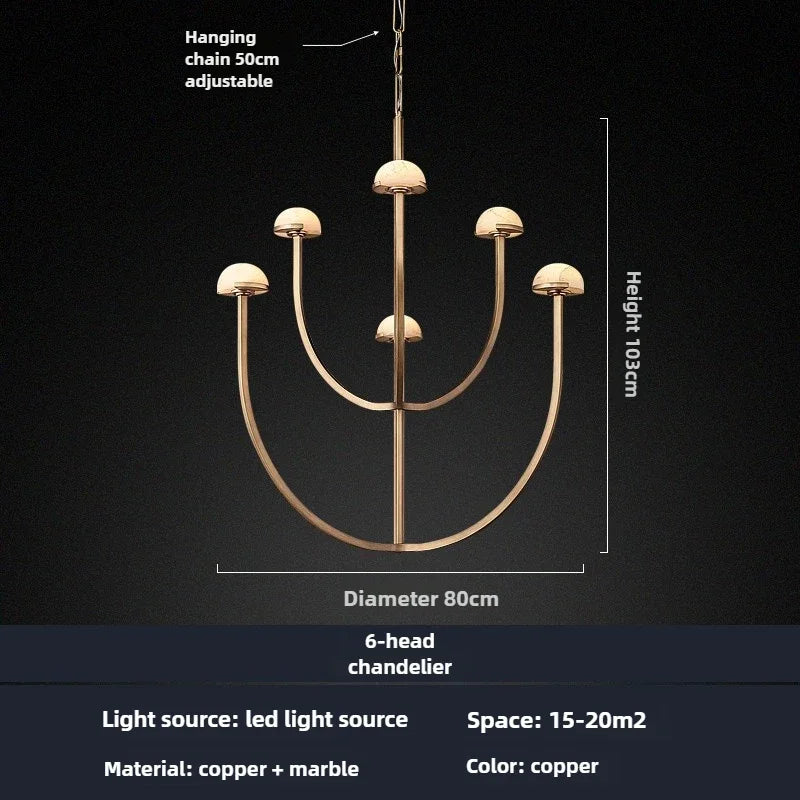 Spanish natural marble retro style copper and LED chandelier