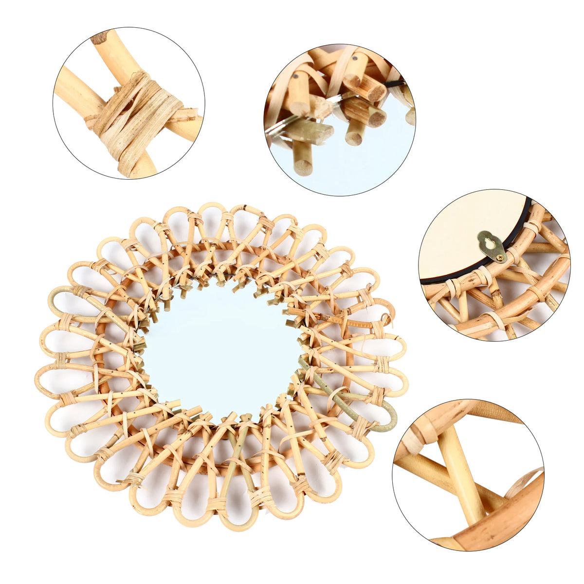 Wall Mirror, Round Wicker Rattan Decorative Mirror, Rustic Natural Rattan Wall Decor with Mounted Frame for Bathroom Hallway - vue 6 sur 7