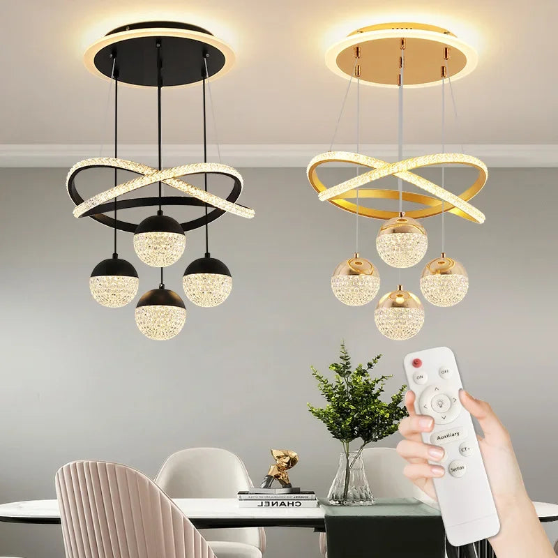 Modern 4-head pendant light with remote control and dimmer