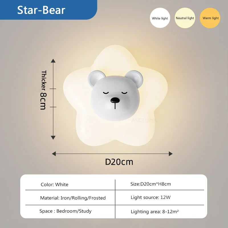 Modern minimalist LED wall light with star, moon, bear and bunny - vue 9 sur 10