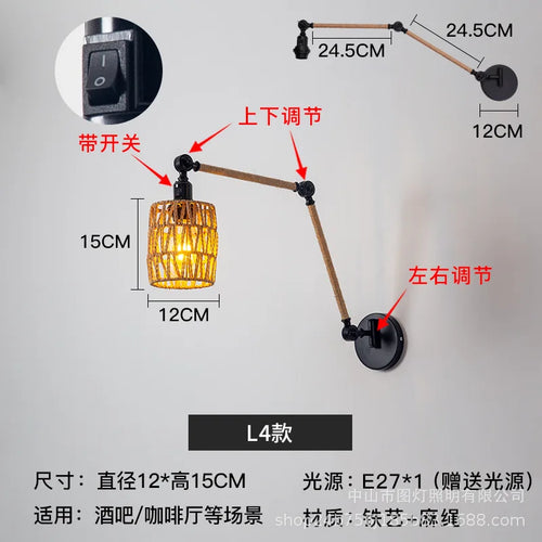 Nordic telescopic wall lamp with adjustable swivel arm and hemp rope