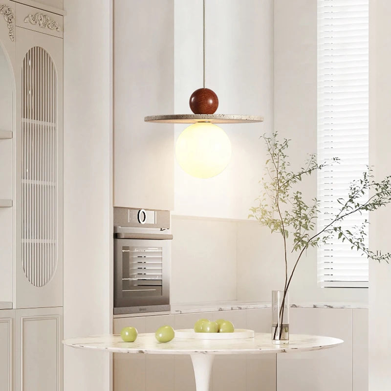 lustre rond en pierre et bois pour diverses utilisations - vue 4 sur 7