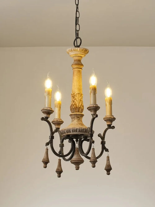 Vintage carved wood chandelier for elegant home lighting - vue 2 sur 8