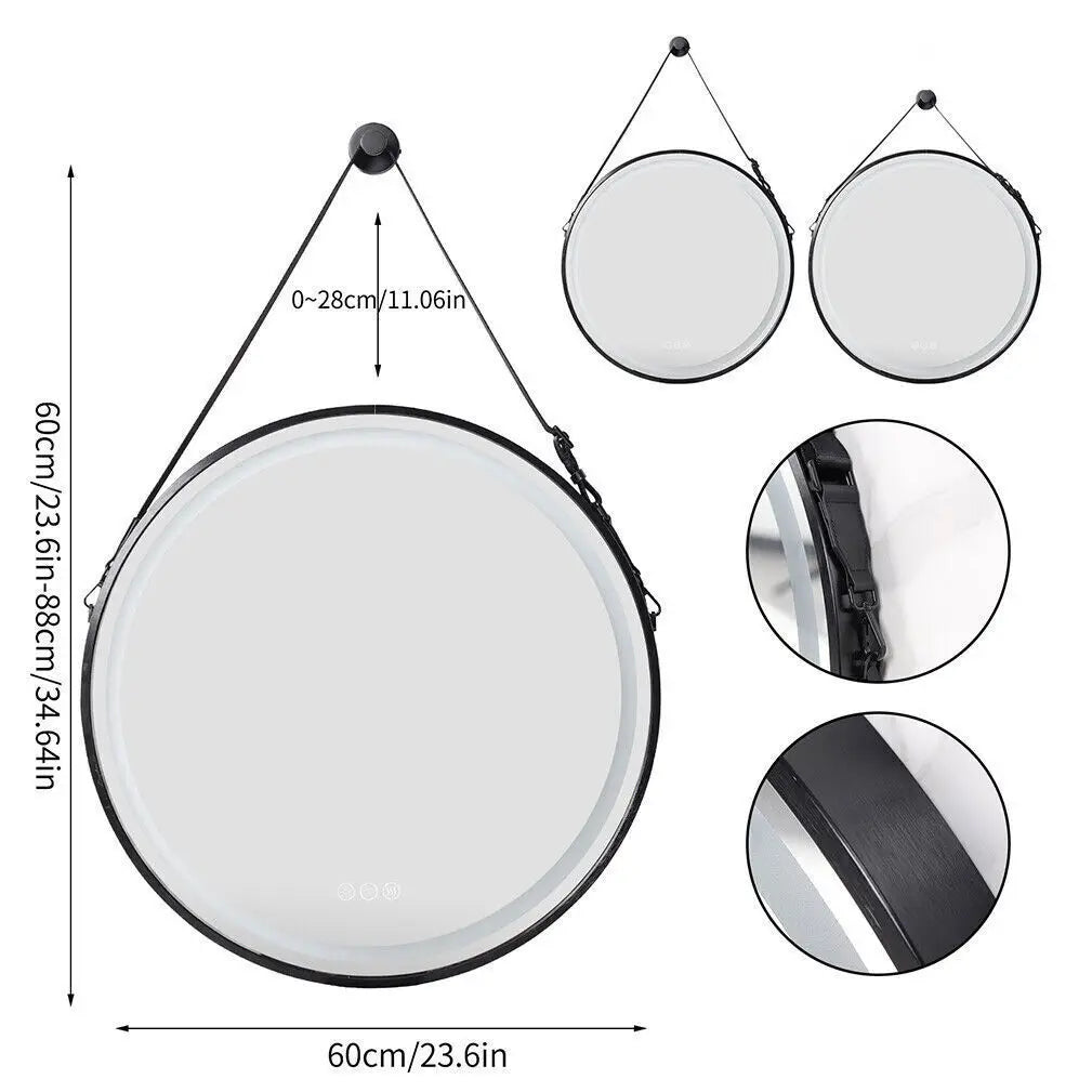 600mm Round LED Mirror Illuminated Lighted Wall Hanging Bathroom Mirror, Anti-fog, Golden/ Black Frame for Bathroom Entryway