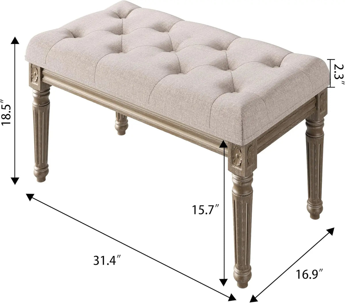 Beige Bench for Dining Room Table, Upholstered Vanity Stool Piano Bench Makeup Stool with Rustic Wood Vanity Stool Foot Rest - vue 6 sur 6