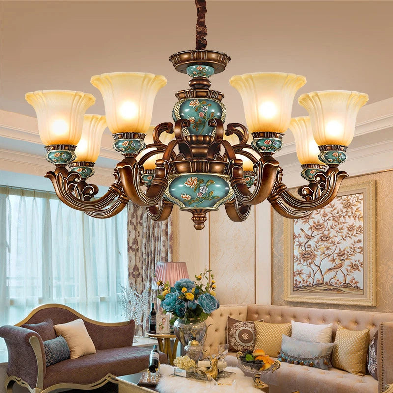 Vintage European glass and resin chandelier with sculpted flowers