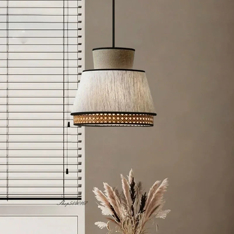 Vintage rattan and fabric pendant light for indoor decor