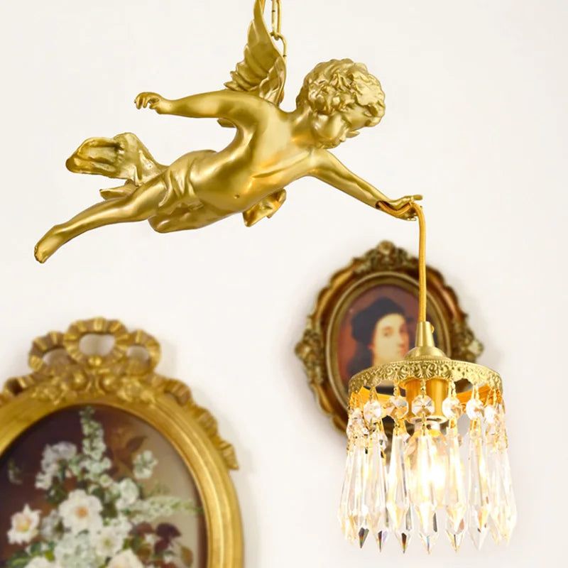 Modern LED chandelier with medieval crystal angel in bronze