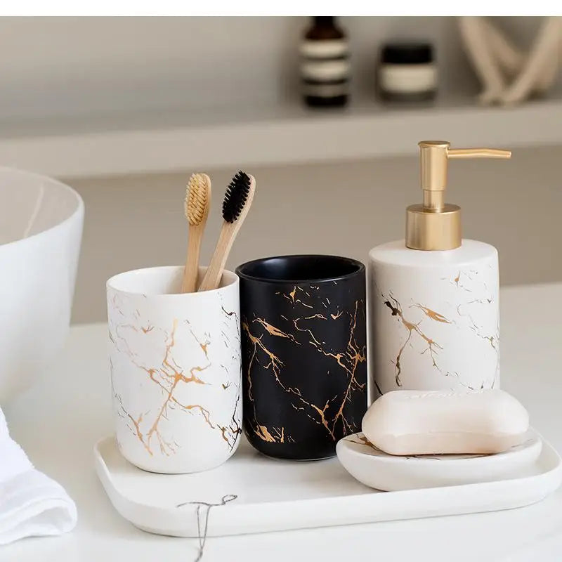 Black Marbled Bathroom Accessories Set, Ceramic Soap Dispenser, Toothbrush Holder, Box, Decoration - vue 1 sur 17