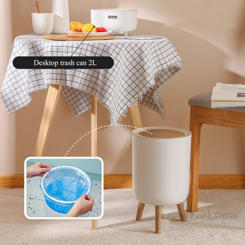 high foot wooden trash can with creative lid for waste - vue 5 sur 11