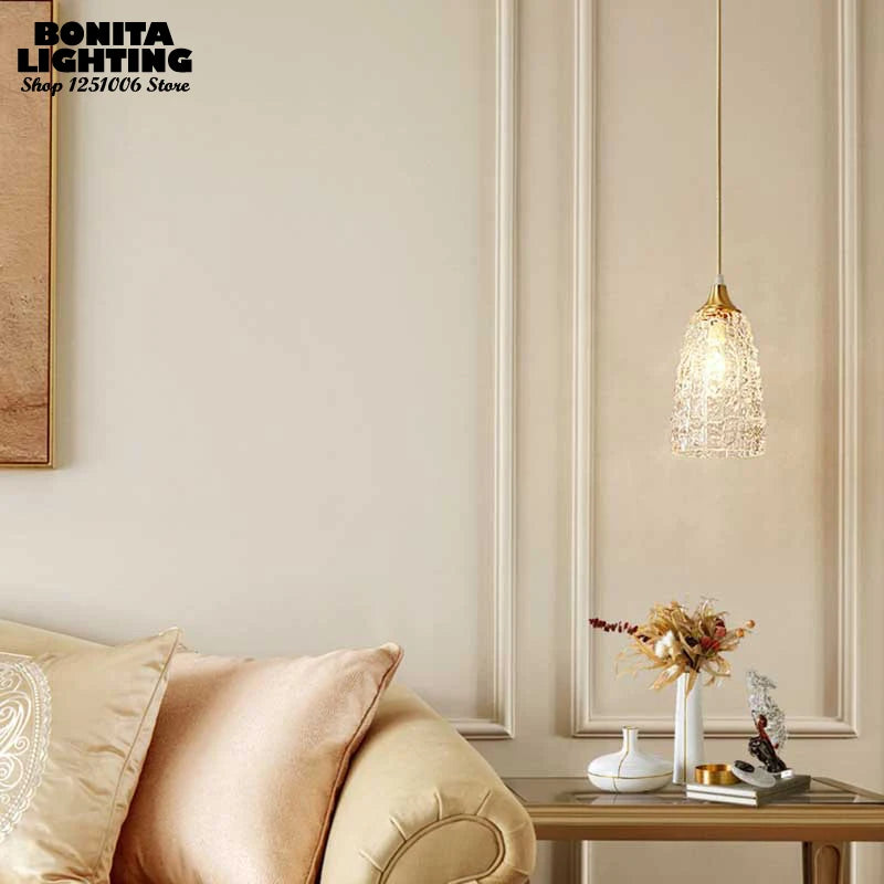 Vintage brass pendant light with ice sculpture and decorative glass