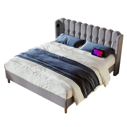 Cushion Bed Double with USB Type C Charging, Slatted Frame, Upholstered, Gray, 140x200 cm, Youth/Guest Room, Linen - vue 6 sur 6