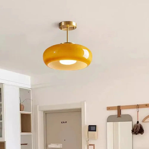 Antique brass and orange medieval glass chandelier - vue 3 sur 16