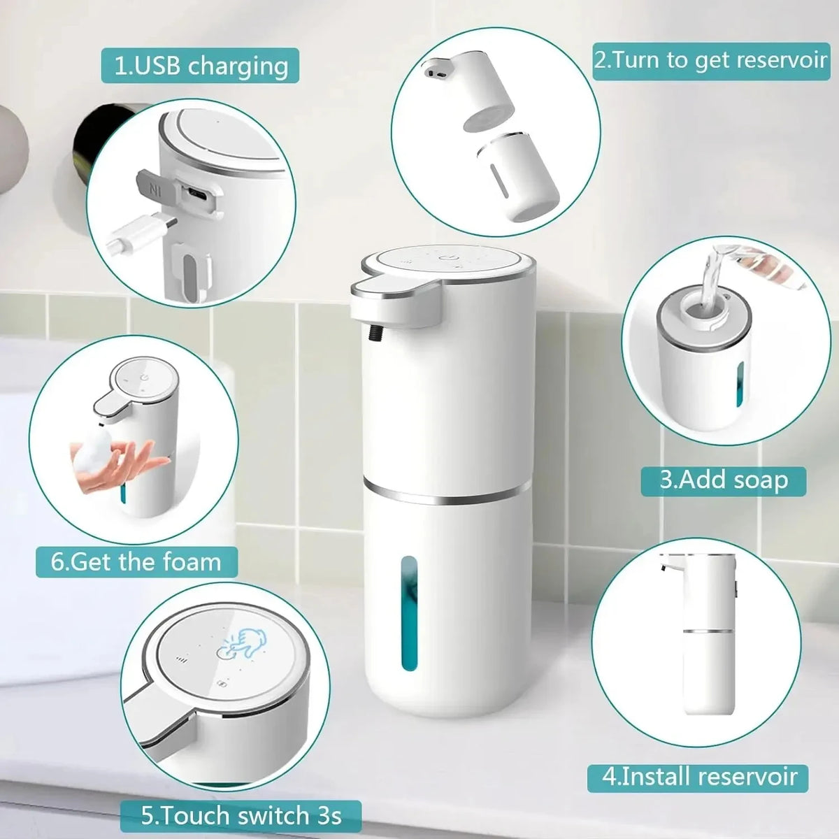 distributeur de savon automatique moussant rechargeable sans contact - vue 3 sur 7