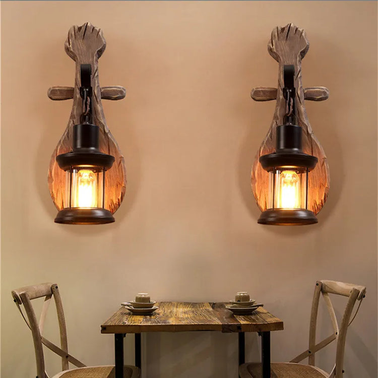 Vintage wooden wall light with glass and metal lampshade