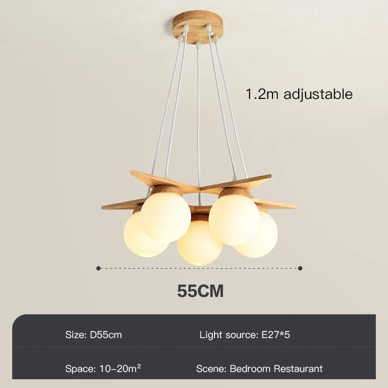 Nordic wood chandelier with white glass ball