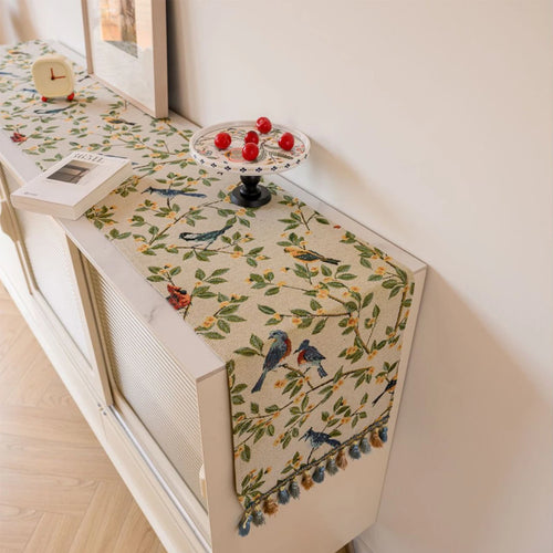 Country-style jacquard table runner with animal motifs and tassels - vue 5 sur 6