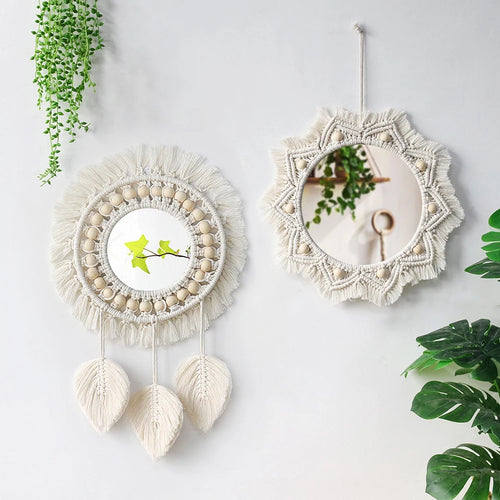 Boho-style macramé wall mirror for interior decoration - vue 2 sur 14