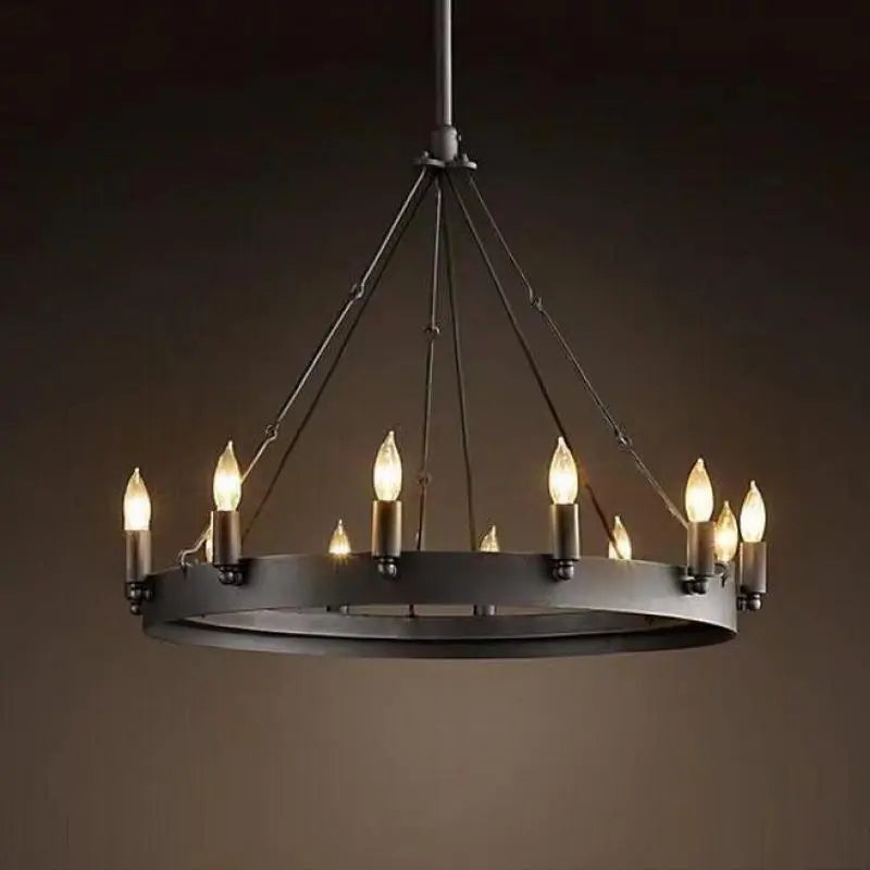 Round retro American style iron LED chandelier - vue 6 sur 13