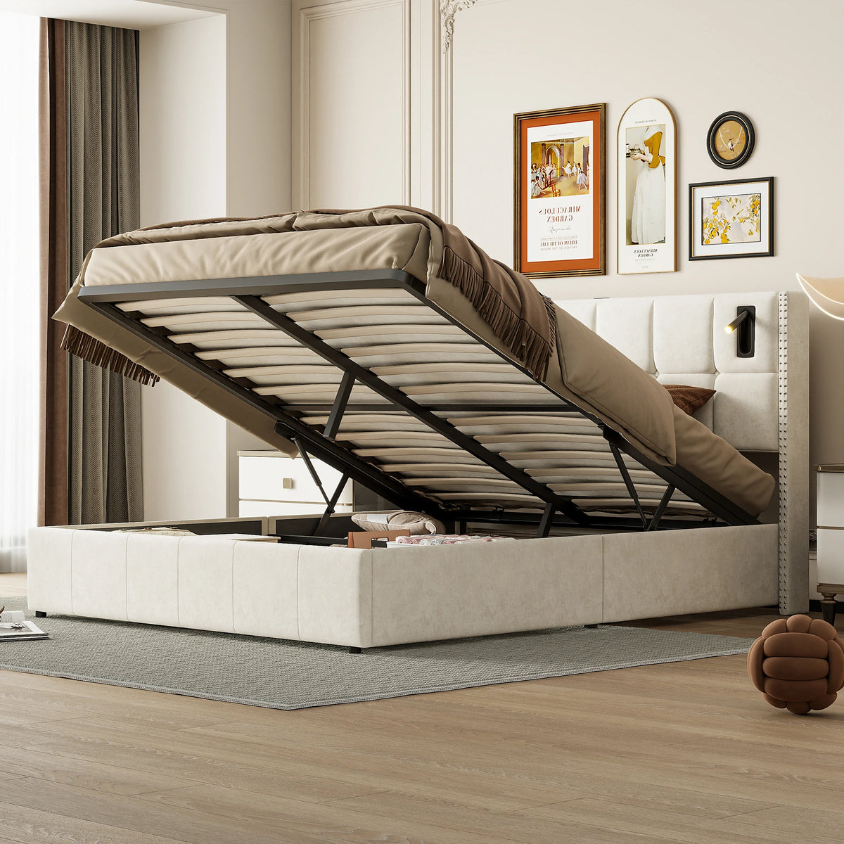Single and Double Bed with Slatted Frame, Hydraulic Upholstered Storage Bed, Headboard with 2 Reading Light and USB Port, Velvet - vue 3 sur 8