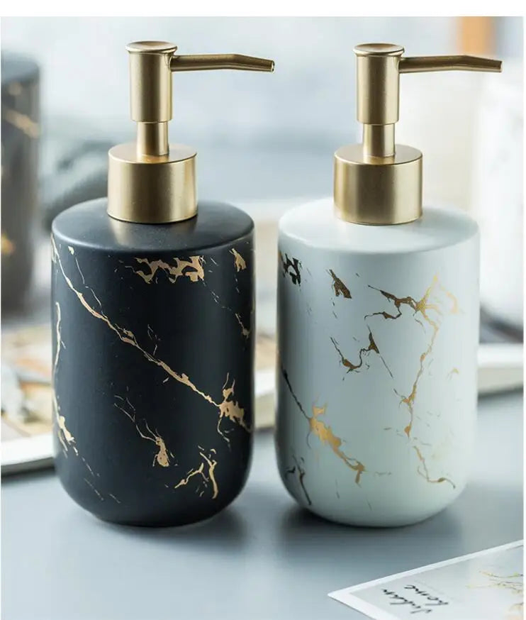Black Marbled Bathroom Accessories Set, Ceramic Soap Dispenser, Toothbrush Holder, Box, Decoration - vue 6 sur 17