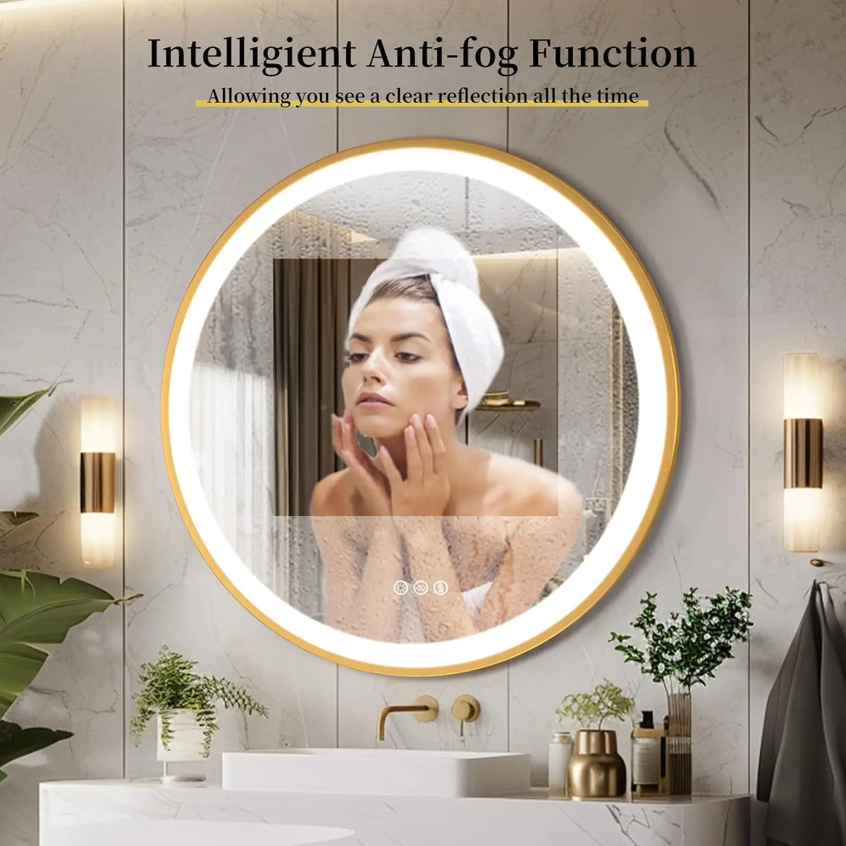 Round illuminated mirror with gold frame and memory function - vue 4 sur 8