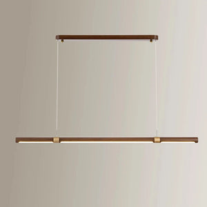 Long wooden chandelier with suspended LED lighting