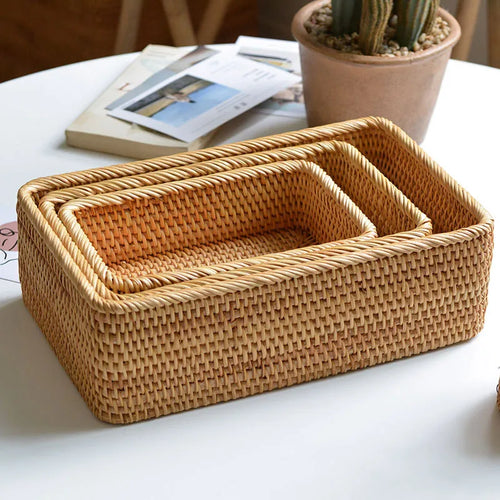 Handwoven rectangular rattan storage baskets for organising and decoration - vue 4 sur 8