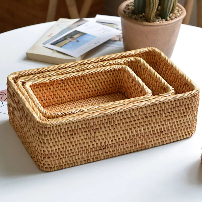 Handwoven rectangular rattan storage baskets for organising and decoration - vue 3 sur 8