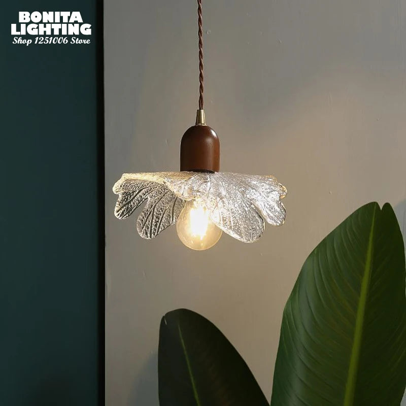 Lotus pendant light in walnut, brass and vintage glass