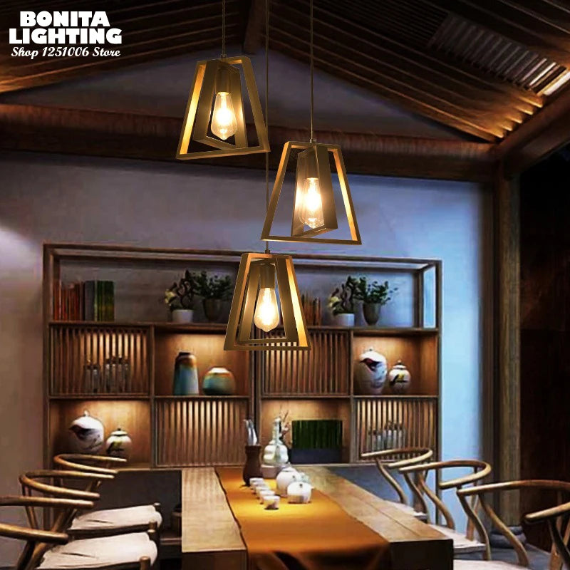 Double layer trapezoidal wooden pendant light in retro industrial style